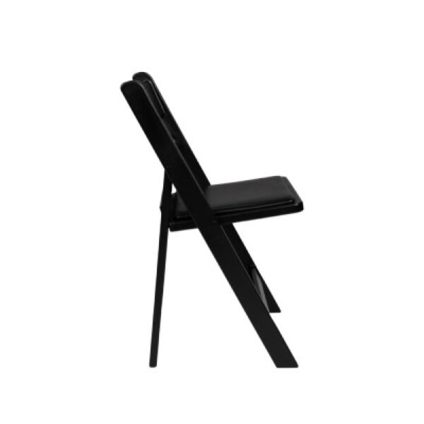 Side view of a Black Resin Chair – ideal for party event equipment rentals and delivery in Los Angeles.