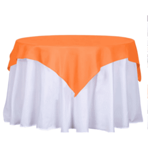 60in Square Orange Polyester Table Overlay for event setup – perfect for party event equipment rentals and delivery in Los Angeles