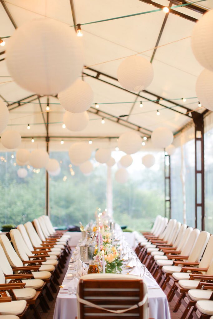 Elegant wedding reception table setting with white
