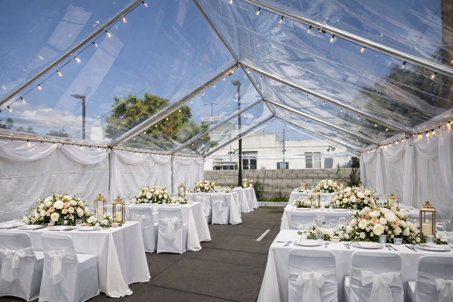 Elegant clear top wedding tent with table and chair setup in Los Angeles