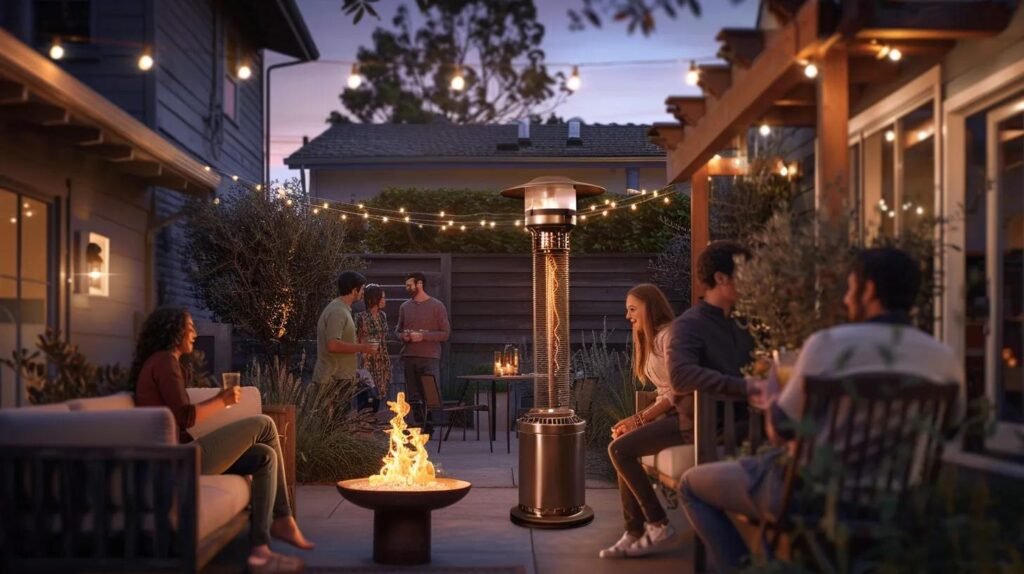Cozy backyard party with propane patio heater in Los Angeles