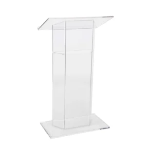 Clear acrylic podium for rent, perfect for weddings and conferences.