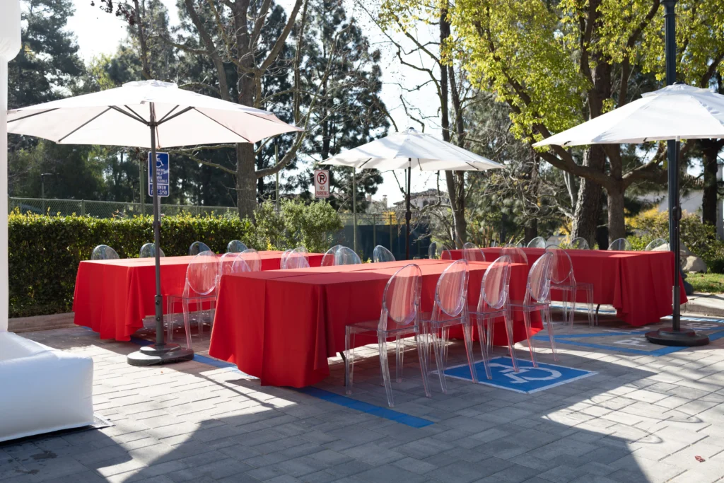 03.17.24 setup residential table, linen, ghost chair, umbrella (7)