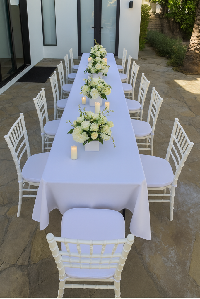 10.09.25 backyard setup chiavari white chair banquet wood table white tablecloth