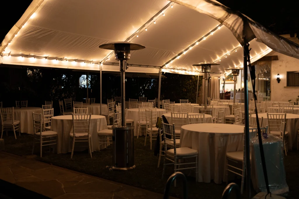 Tents, chairs, table, lightning