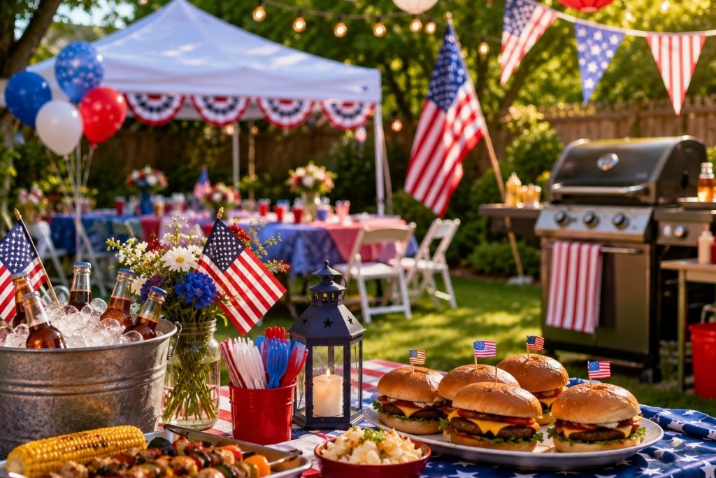 Outdoor Independence Day BBQ with a rental tent, grilling station, dining tables, and patriotic decorations