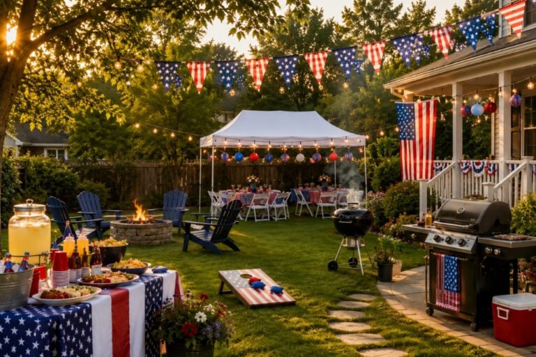Patriotic backyard party featuring a tent, BBQ grill, outdoor dining area, and decorative lighting