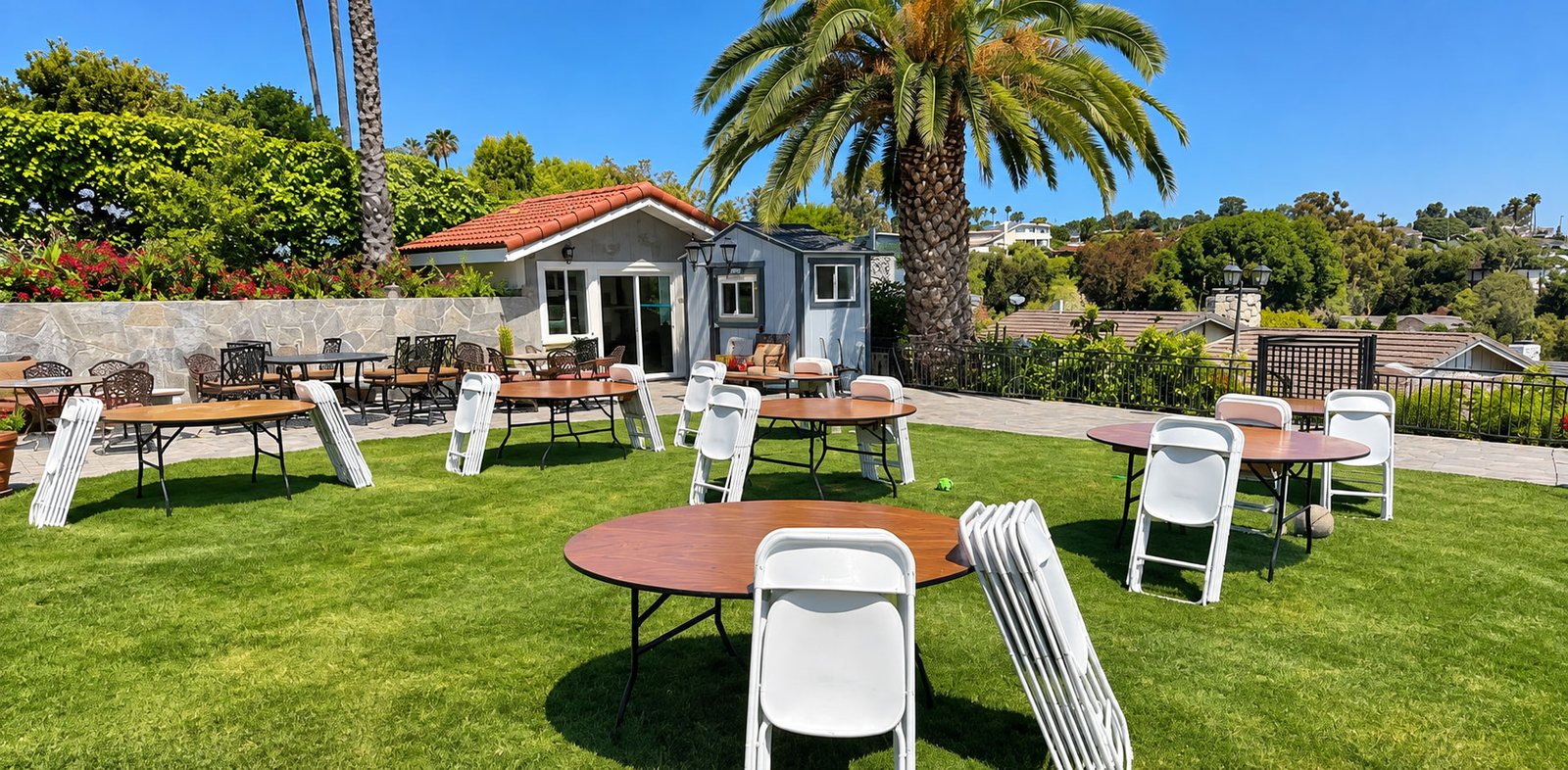 Outdoor Unfinished Setup On Courtyard With Palm Tree
