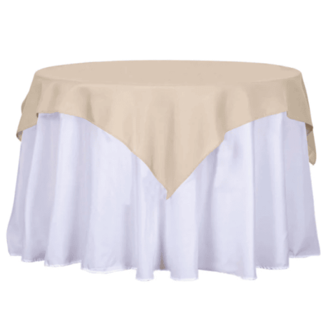 60in Square Beige Polyester Table Overlay for event setup – perfect for party event equipment rentals and delivery in Los Angeles