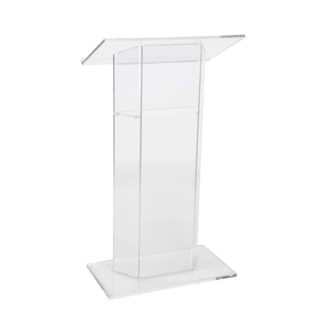 Clear acrylic podium for rent, perfect for weddings and conferences.